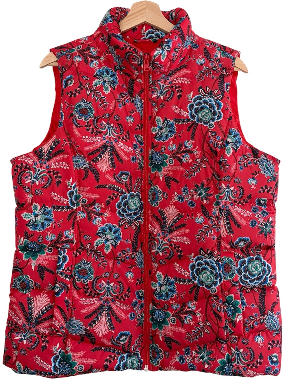 TALL Lands End Red Floral Down Fill Puffer Vest Zip Up Quilted Paisley Preppy LT